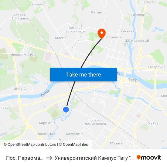 Пос. Первомайский to Университетский Кампус Твгу ""Соминка"" map