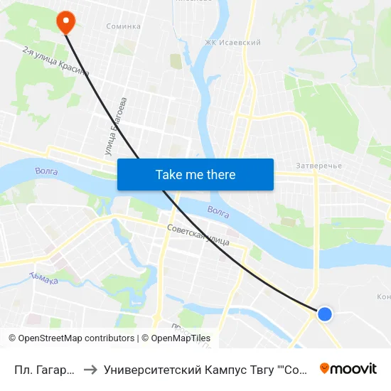 Пл. Гагарина to Университетский Кампус Твгу ""Соминка"" map