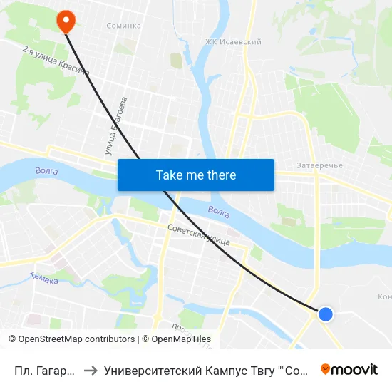Пл. Гагарина to Университетский Кампус Твгу ""Соминка"" map