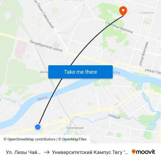 Ул. Лизы Чайкиной to Университетский Кампус Твгу ""Соминка"" map