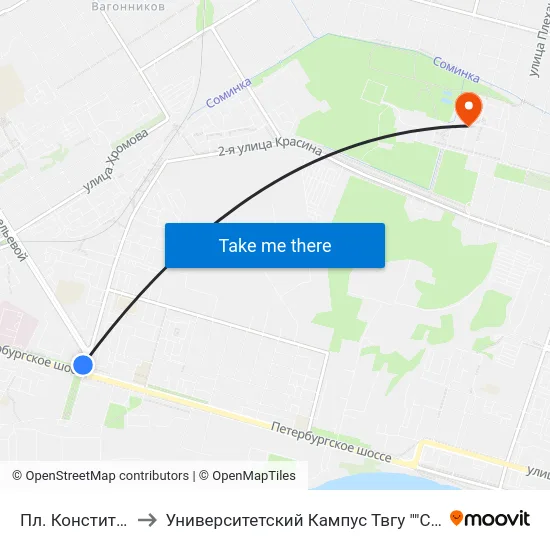 Пл. Конституции to Университетский Кампус Твгу ""Соминка"" map