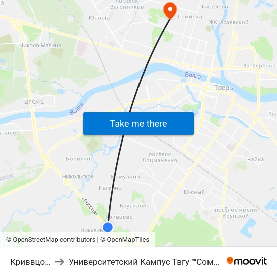 Криввцово to Университетский Кампус Твгу ""Соминка"" map