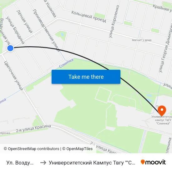 Ул. Воздушная to Университетский Кампус Твгу ""Соминка"" map