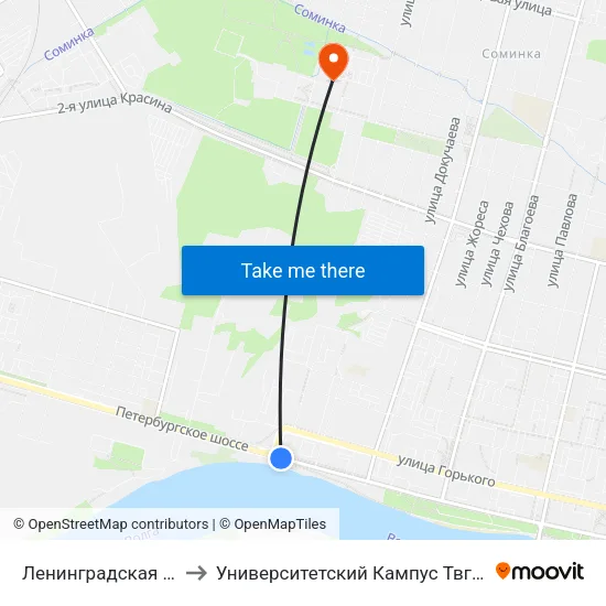 Ленинградская Застава to Университетский Кампус Твгу ""Соминка"" map