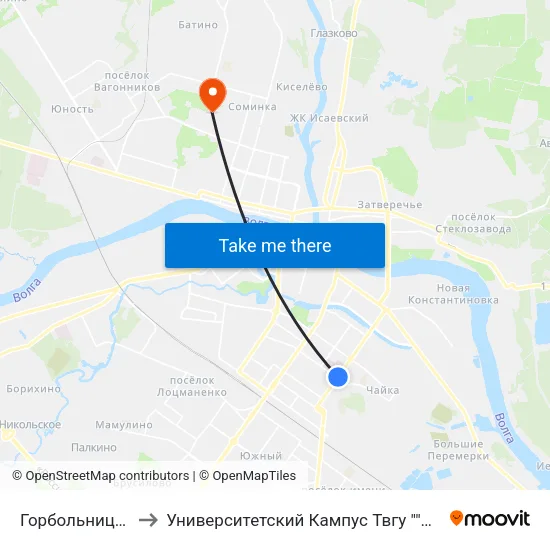 Горбольница №6 to Университетский Кампус Твгу ""Соминка"" map