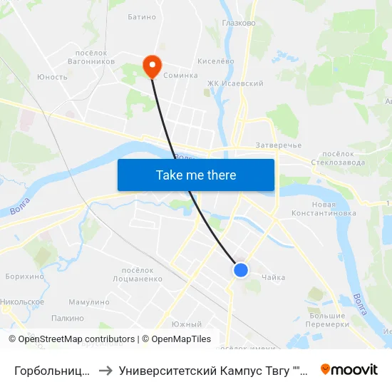 Горбольница №6 to Университетский Кампус Твгу ""Соминка"" map