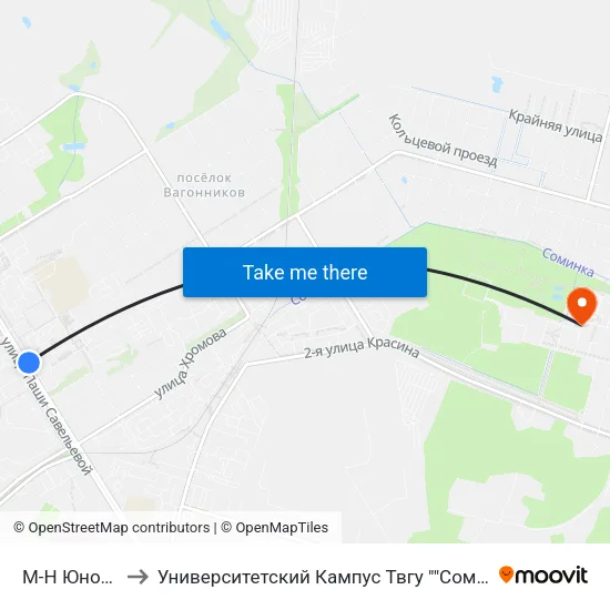 М-Н Юность to Университетский Кампус Твгу ""Соминка"" map