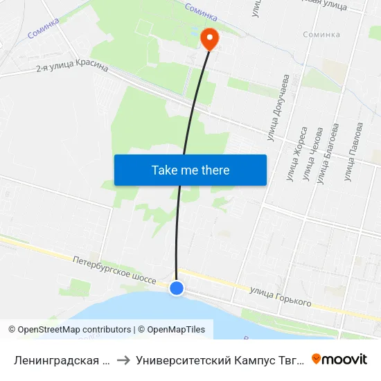 Ленинградская Застава to Университетский Кампус Твгу ""Соминка"" map