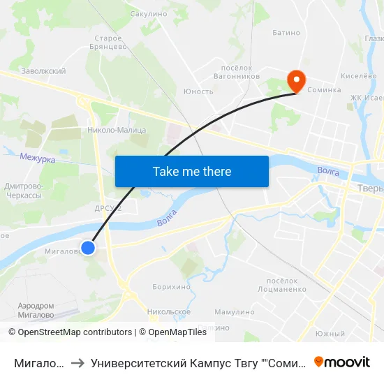 Мигалово to Университетский Кампус Твгу ""Соминка"" map