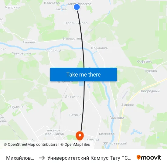 Михайловское to Университетский Кампус Твгу ""Соминка"" map