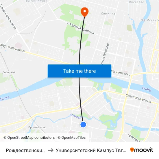 Рождественские Горки to Университетский Кампус Твгу ""Соминка"" map