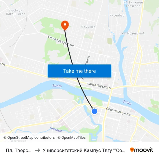 Пл. Тверская to Университетский Кампус Твгу ""Соминка"" map