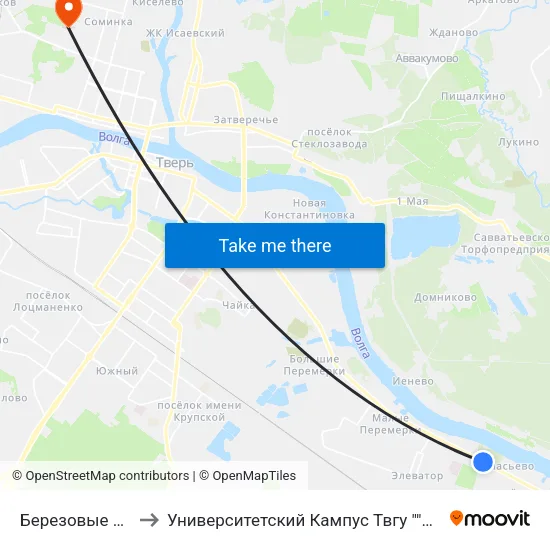 Березовые Рощи to Университетский Кампус Твгу ""Соминка"" map