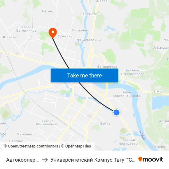 Автокооператив to Университетский Кампус Твгу ""Соминка"" map