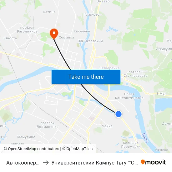 Автокооператив to Университетский Кампус Твгу ""Соминка"" map