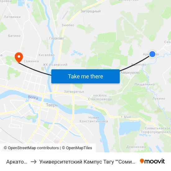 Аркатово to Университетский Кампус Твгу ""Соминка"" map