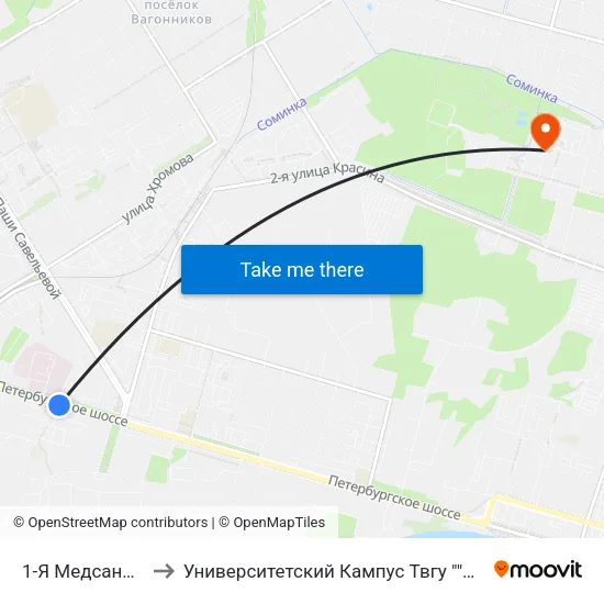 1-Я Медсанчасть to Университетский Кампус Твгу ""Соминка"" map