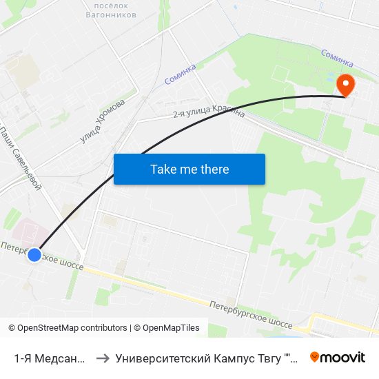 1-Я Медсанчасть to Университетский Кампус Твгу ""Соминка"" map