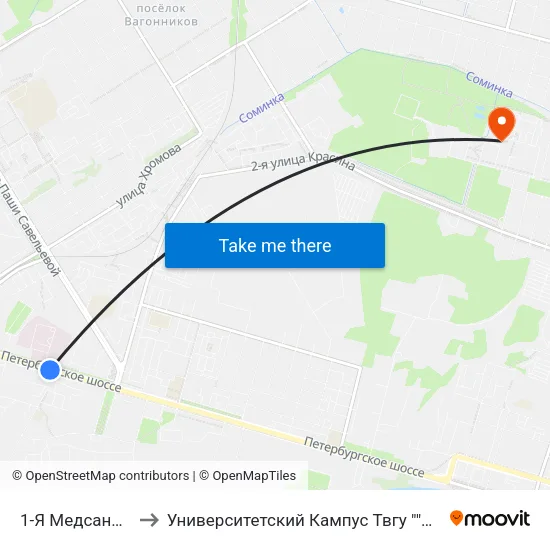 1-Я Медсанчасть to Университетский Кампус Твгу ""Соминка"" map