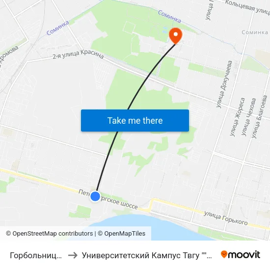 Горбольница №3 to Университетский Кампус Твгу ""Соминка"" map