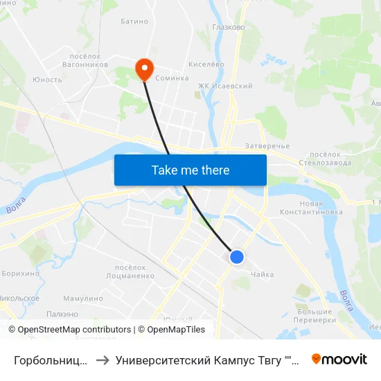 Горбольница №6 to Университетский Кампус Твгу ""Соминка"" map