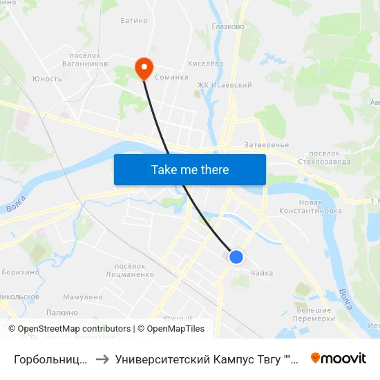 Горбольница №6 to Университетский Кампус Твгу ""Соминка"" map