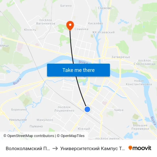 Волоколамский Путепровод to Университетский Кампус Твгу ""Соминка"" map