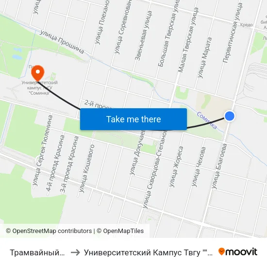 Трамвайный Парк to Университетский Кампус Твгу ""Соминка"" map