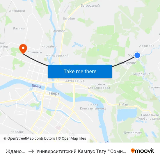 Жданово to Университетский Кампус Твгу ""Соминка"" map