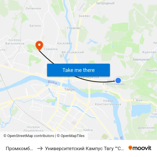 Промкомбинат to Университетский Кампус Твгу ""Соминка"" map
