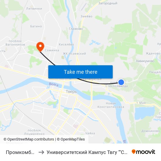 Промкомбинат to Университетский Кампус Твгу ""Соминка"" map