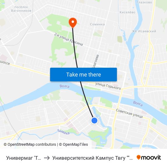 Универмаг 'Тверь' to Университетский Кампус Твгу ""Соминка"" map