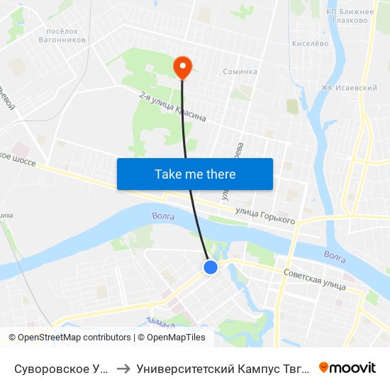 Суворовское Училище to Университетский Кампус Твгу ""Соминка"" map