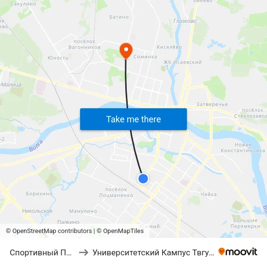 Спортивный Переулок to Университетский Кампус Твгу ""Соминка"" map