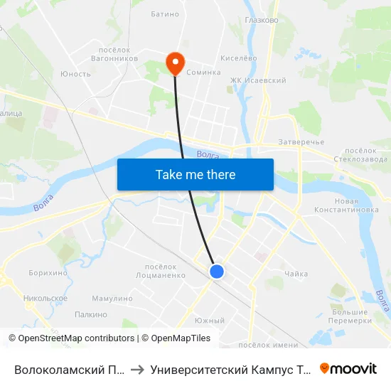 Волоколамский Путепровод to Университетский Кампус Твгу ""Соминка"" map
