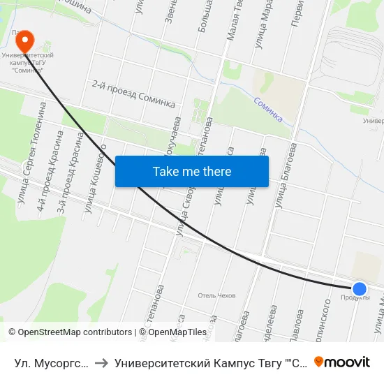 Ул. Мусоргского to Университетский Кампус Твгу ""Соминка"" map