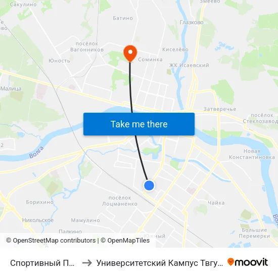 Спортивный Переулок to Университетский Кампус Твгу ""Соминка"" map