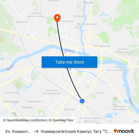 Ул. Коминтерна to Университетский Кампус Твгу ""Соминка"" map