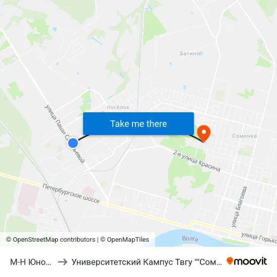М-Н Юность to Университетский Кампус Твгу ""Соминка"" map