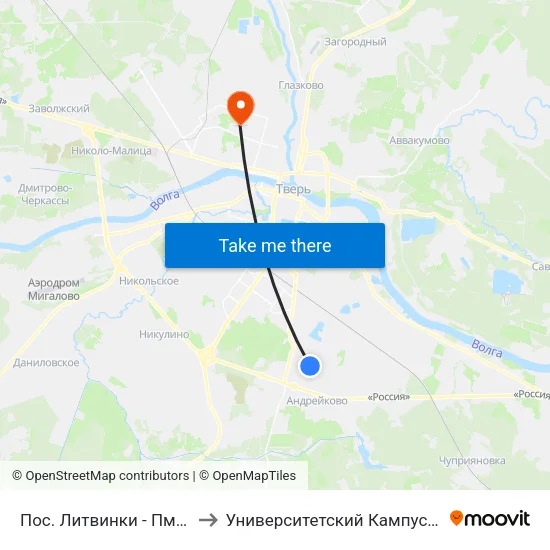 Пос. Литвинки - Пмк»  Боровлево to Университетский Кампус Твгу ""Соминка"" map
