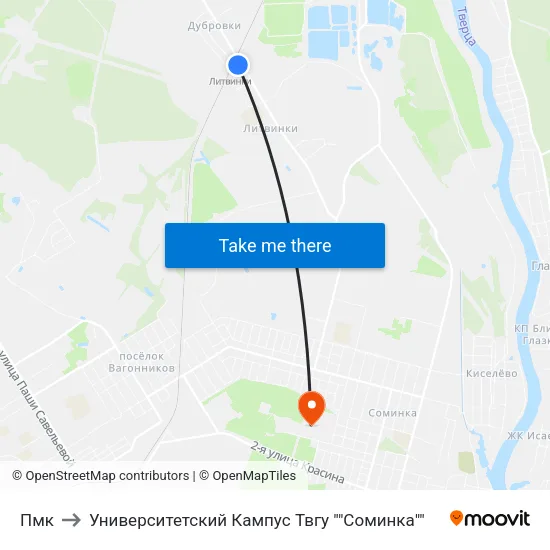 Пмк to Университетский Кампус Твгу ""Соминка"" map
