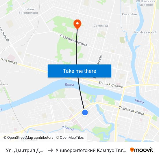 Ул. Дмитрия Донского to Университетский Кампус Твгу ""Соминка"" map