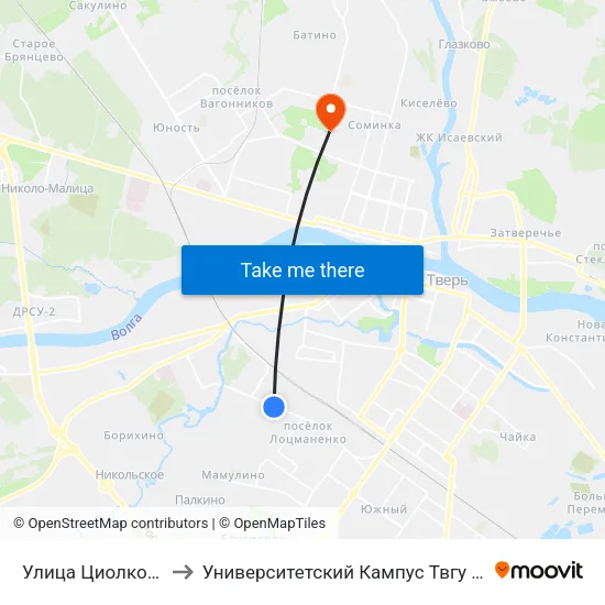 Улица Циолковского to Университетский Кампус Твгу ""Соминка"" map