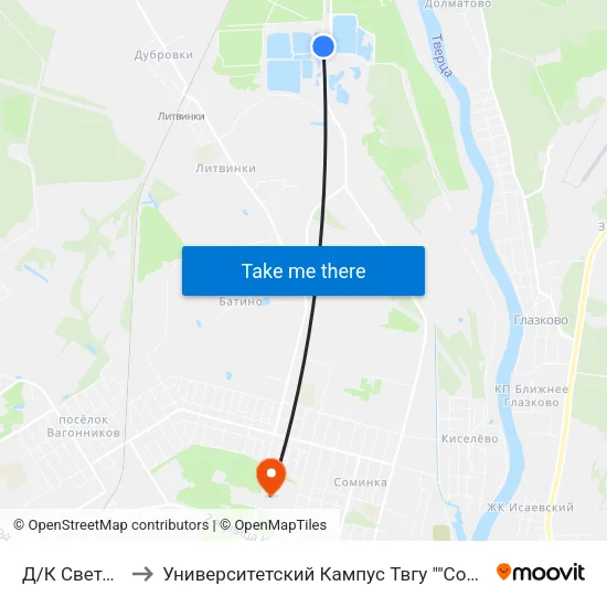 Д/К Светлый to Университетский Кампус Твгу ""Соминка"" map
