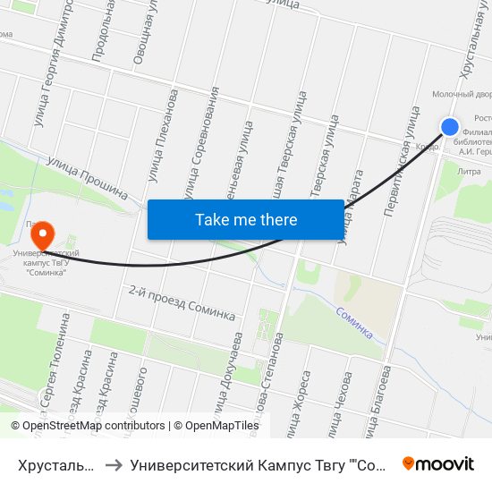 Хрустальная to Университетский Кампус Твгу ""Соминка"" map