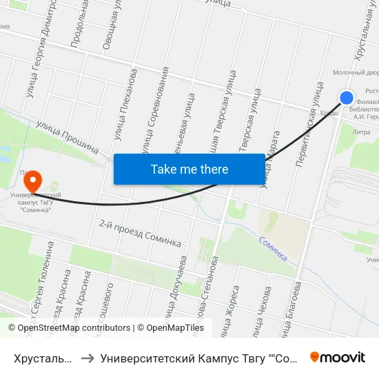 Хрустальная to Университетский Кампус Твгу ""Соминка"" map