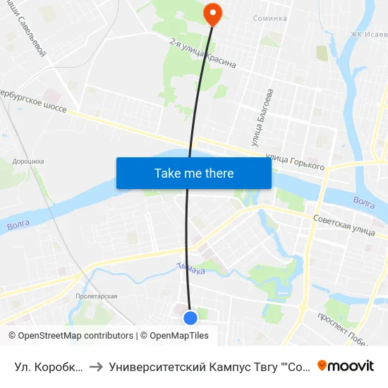 Ул. Коробкова to Университетский Кампус Твгу ""Соминка"" map