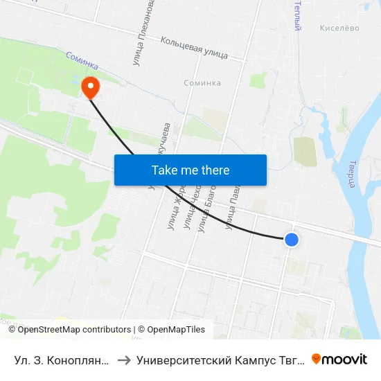 Ул. З. Коноплянниковой to Университетский Кампус Твгу ""Соминка"" map