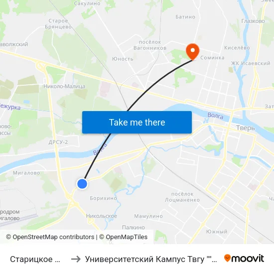 Старицкое Шоссе to Университетский Кампус Твгу ""Соминка"" map