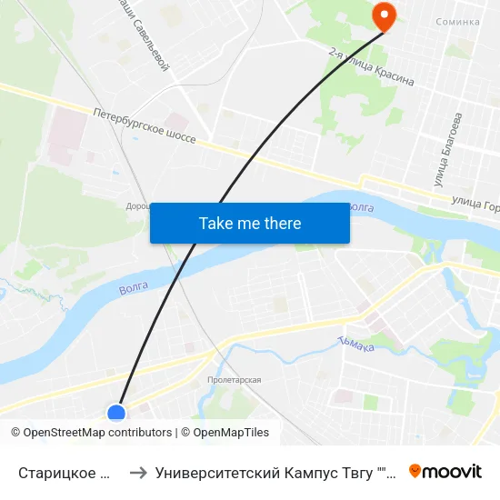 Старицкое Шоссе to Университетский Кампус Твгу ""Соминка"" map